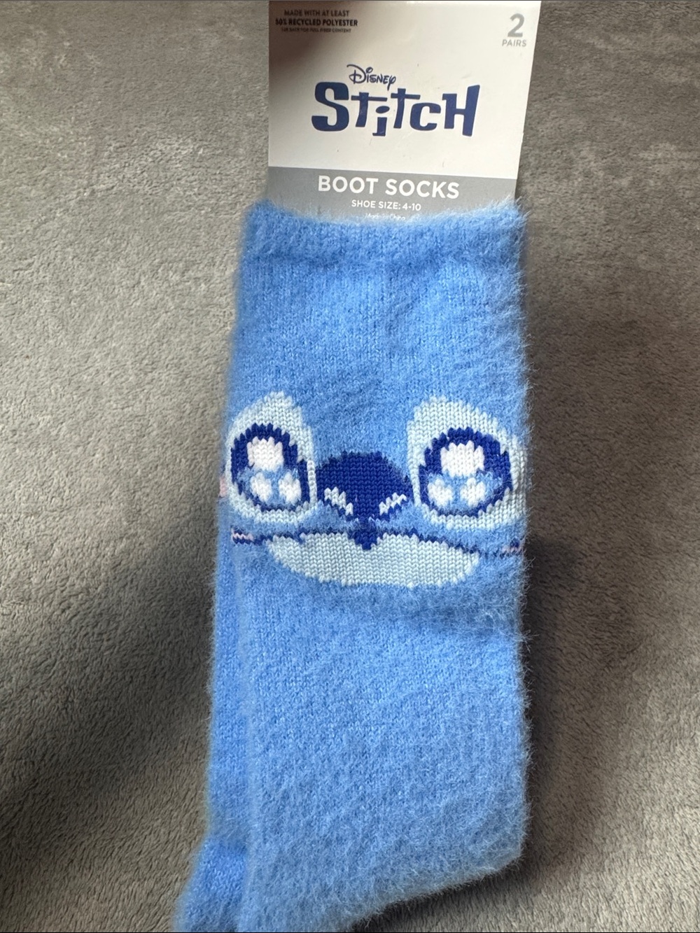 Disney Light Blue Stitch Fuzzy Boot Socks - Men's Crew Pair